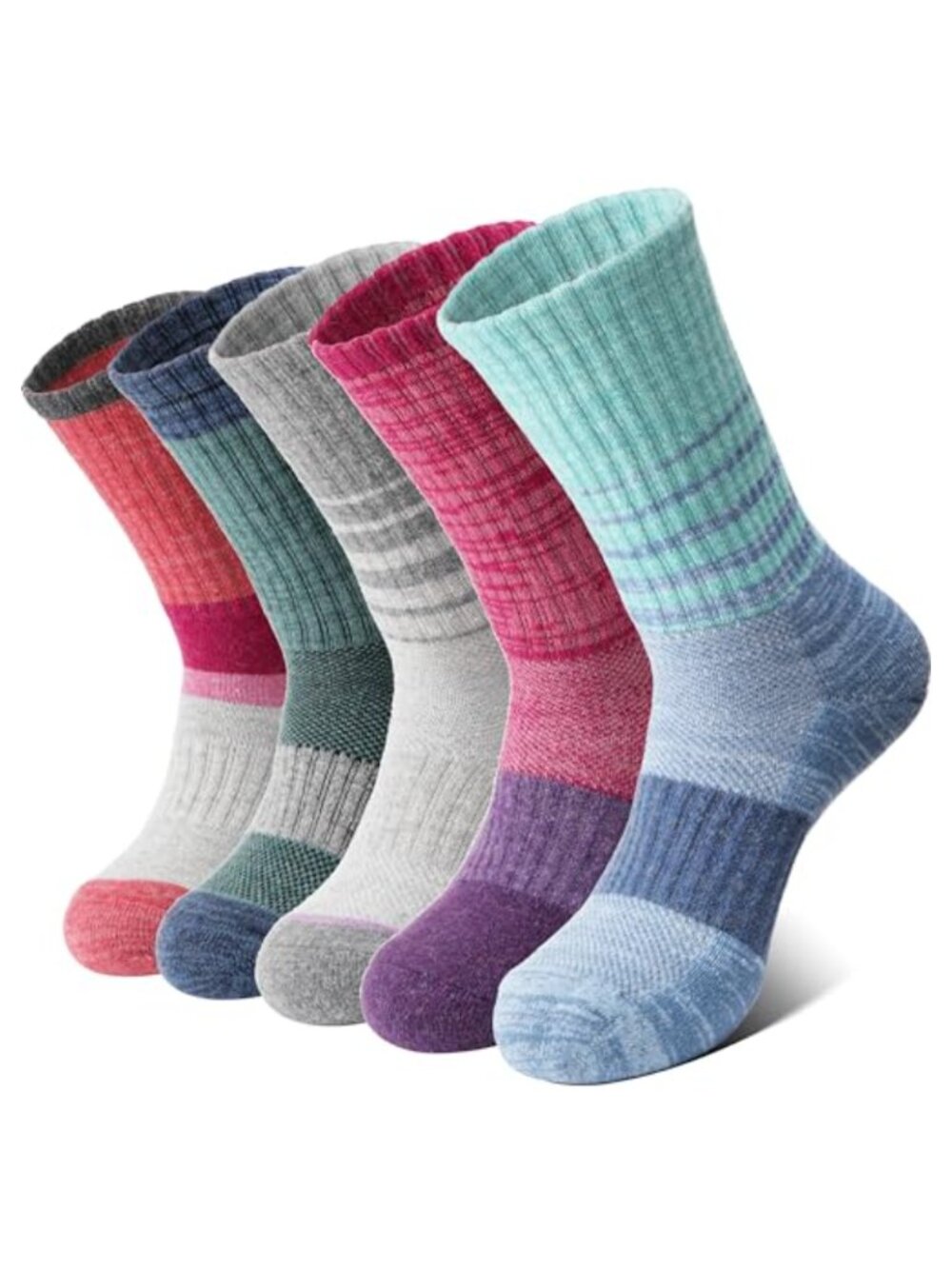 Merino Wool Hiking Running Crew Socks 5 Pairs Cushion Arch Support